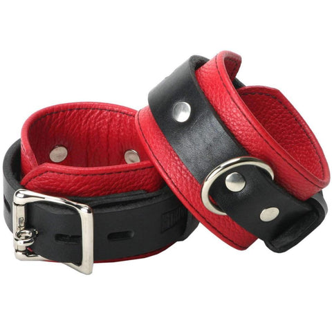 Strict Leather Deluxe Black and Red Locking Wrist Cuffs Extreme Toyz Singapore